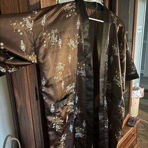 Brown Satin Kimono Robe with Floral & Lantern Embroidery